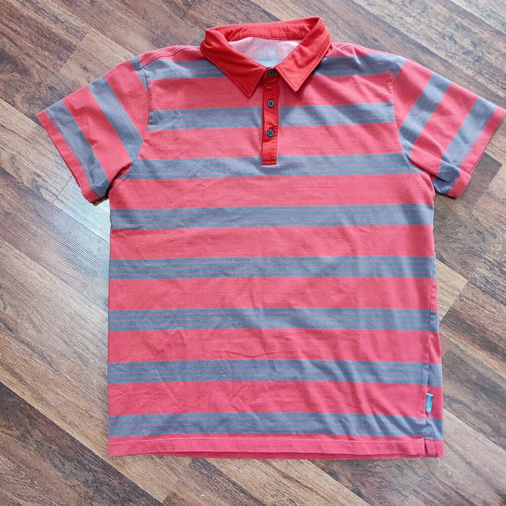 Mountain Hardwear Gray and Red Striped Hiking Polo Shirt Men's Size L Large